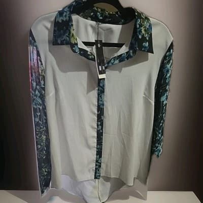 Women's Tweed-Trim Button-Front Shirt Blue/Green Flowers Size Medium. - Thumbnail 2