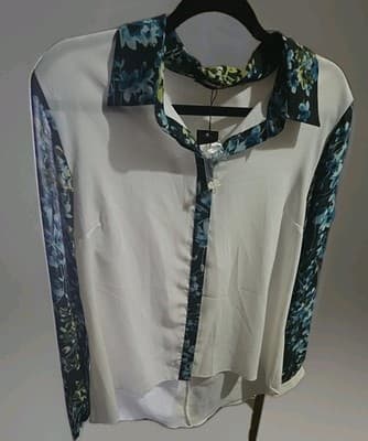 Women's Tweed-Trim Button-Front Shirt Blue/Green Flowers Size Medium. - Thumbnail 3