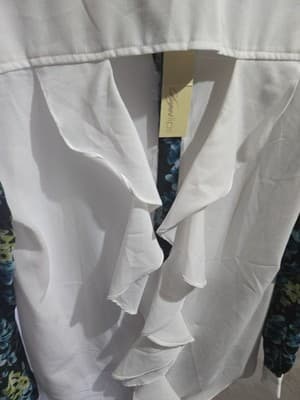 Women's Tweed-Trim Button-Front Shirt Blue/Green Flowers Size Medium. - Thumbnail 5