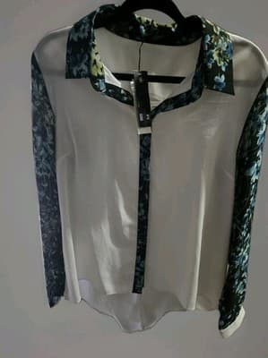 Women's Tweed-Trim Button-Front Shirt Blue/Green Flowers Size Medium. - Image 1