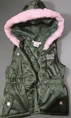 Juicy Couture Toddler 2t Puffer Vest Jacket Olive Green Faux Fur Hood Pockets. - Thumbnail 3