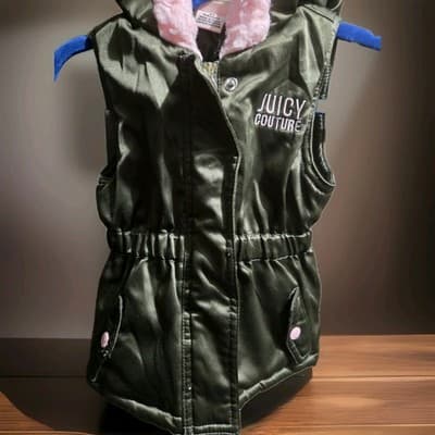Juicy Couture Toddler 2t Puffer Vest Jacket Olive Green Faux Fur Hood Pockets.