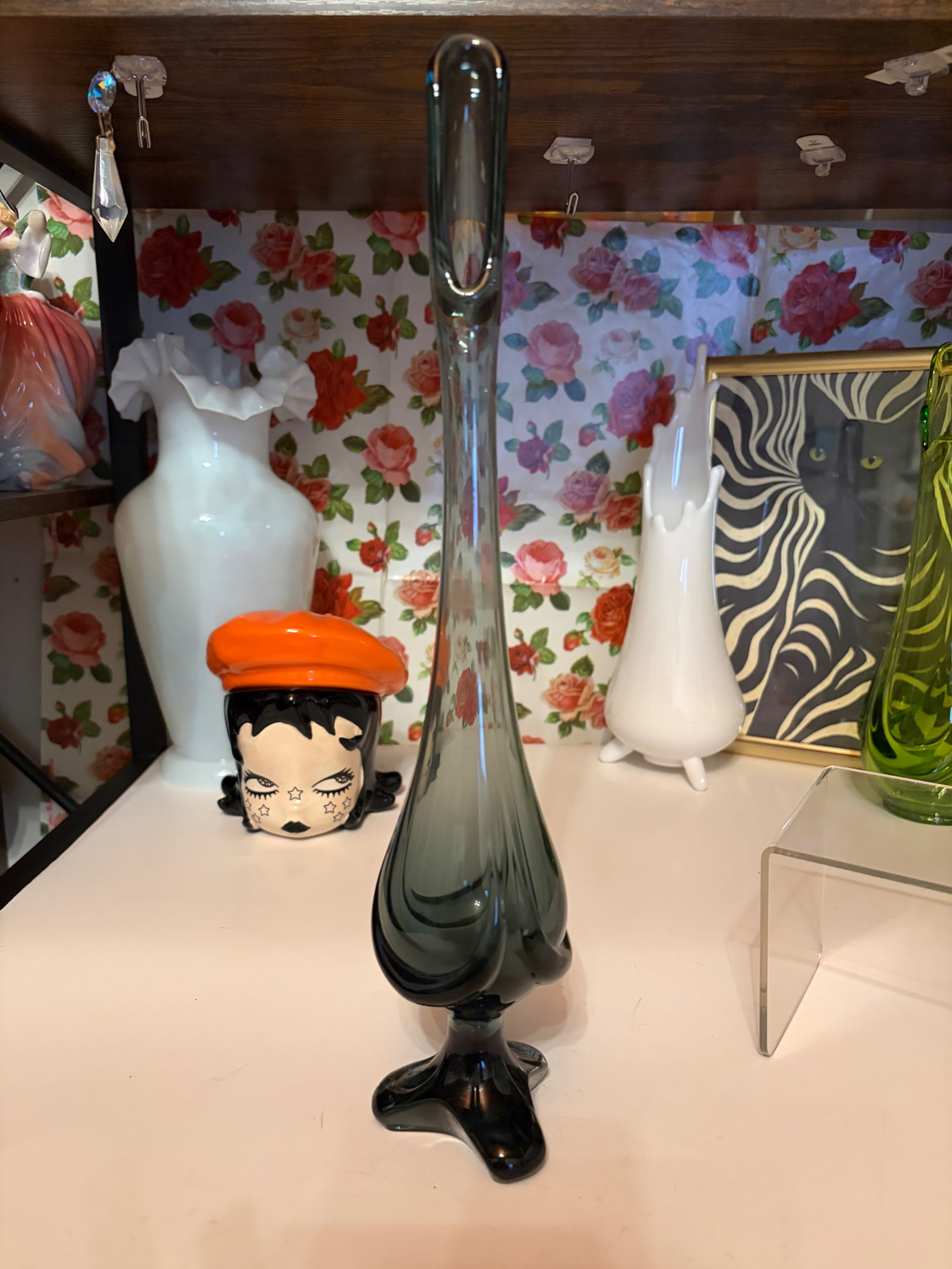 A vintage Viking Glass Epic Drape swung vase in smoky grey