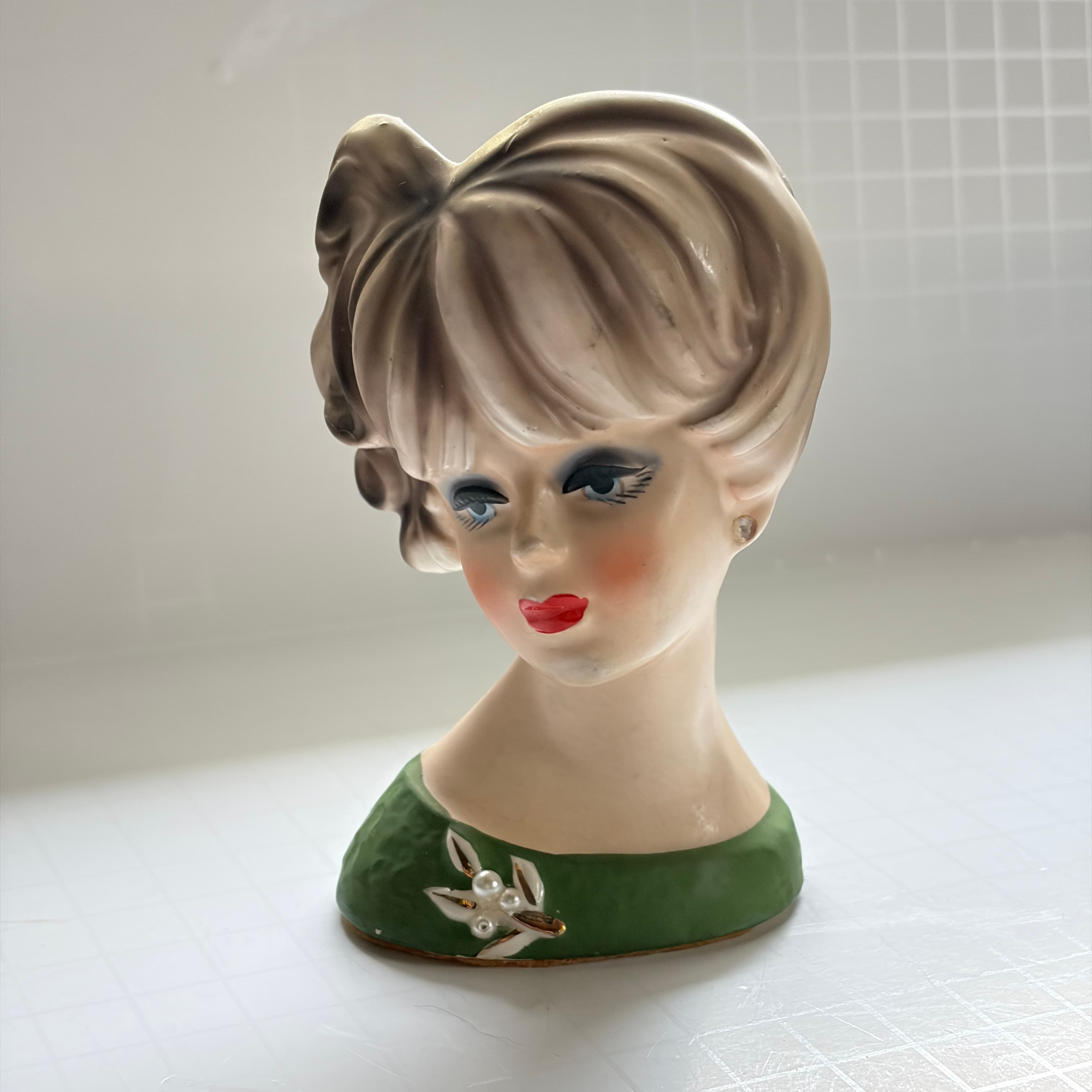 Vintage Lady Head Vase Planter with Green Dress and Floral Detail - Image 1