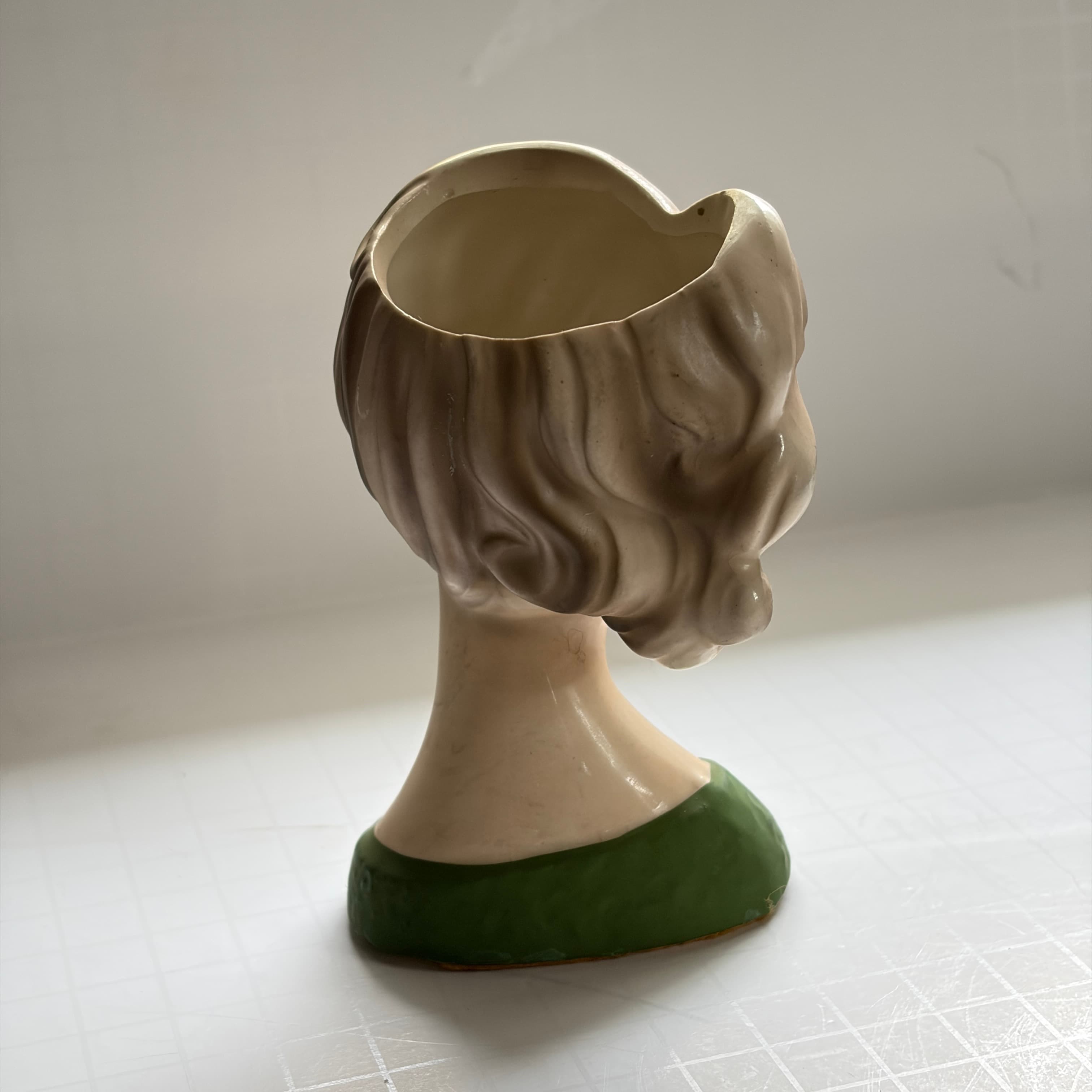 Vintage Lady Head Vase Planter with Green Dress and Floral Detail - Thumbnail 4