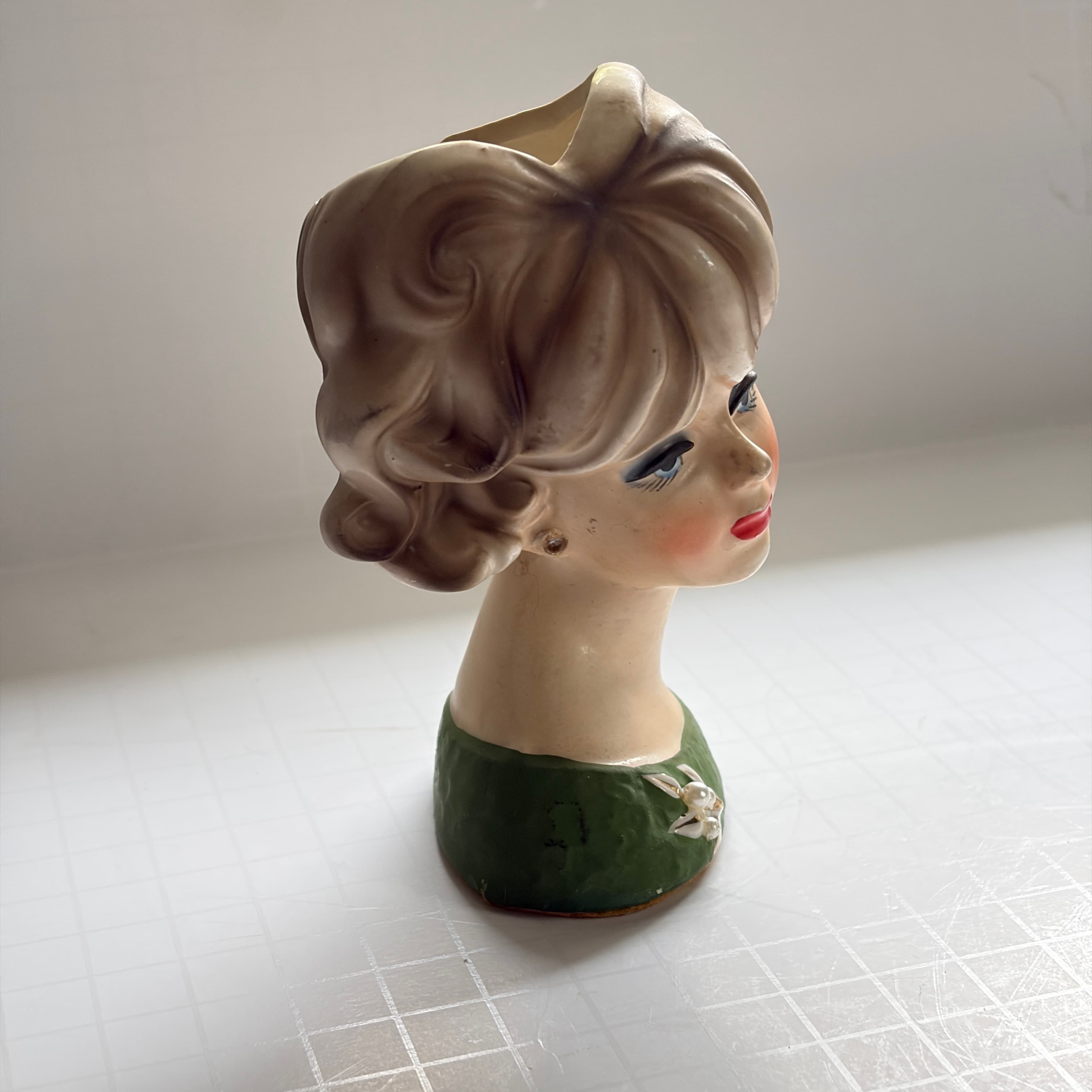 Vintage Lady Head Vase Planter with Green Dress and Floral Detail - Thumbnail 5