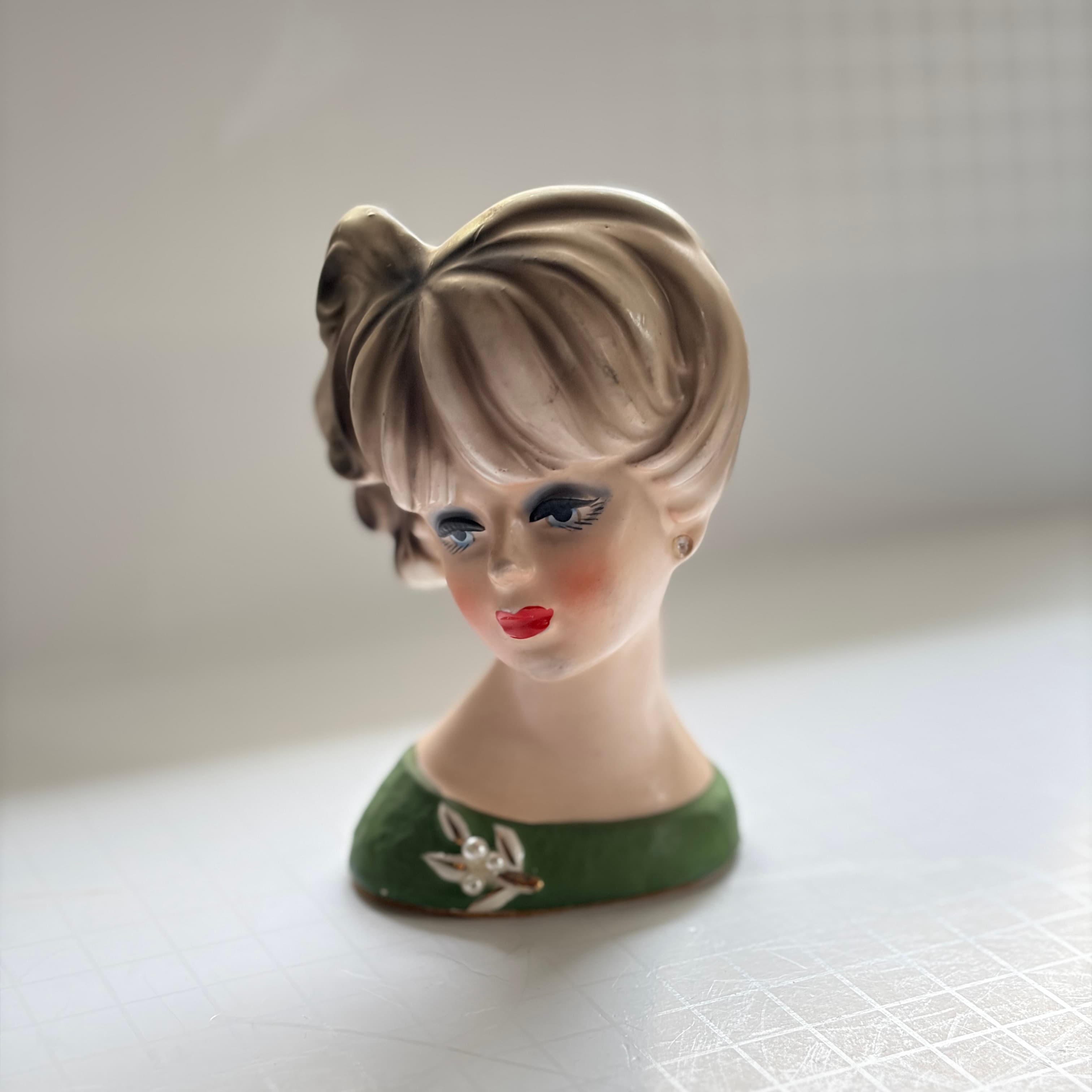Vintage Lady Head Vase Planter with Green Dress and Floral Detail - Thumbnail 2