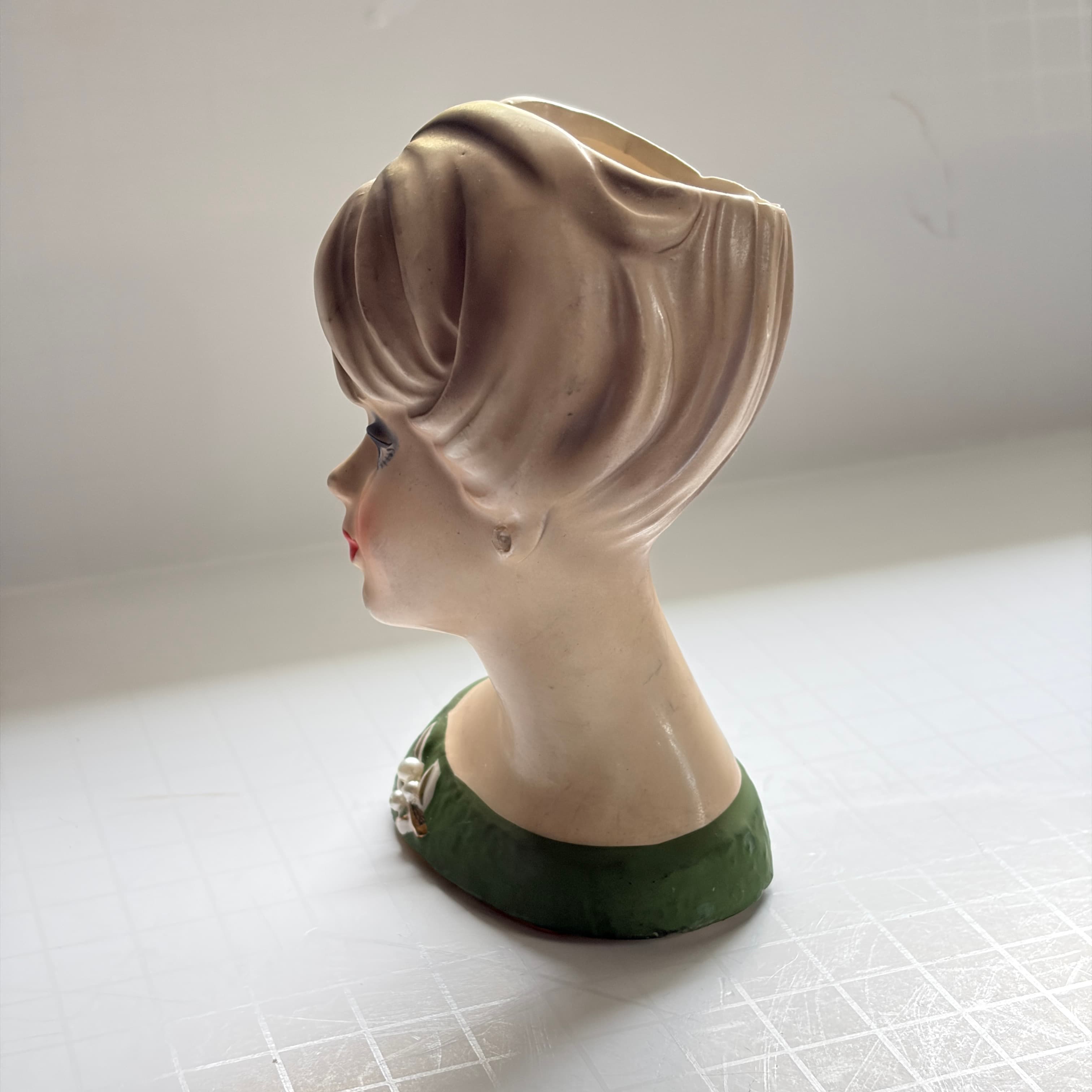 Vintage Lady Head Vase Planter with Green Dress and Floral Detail - Thumbnail 3