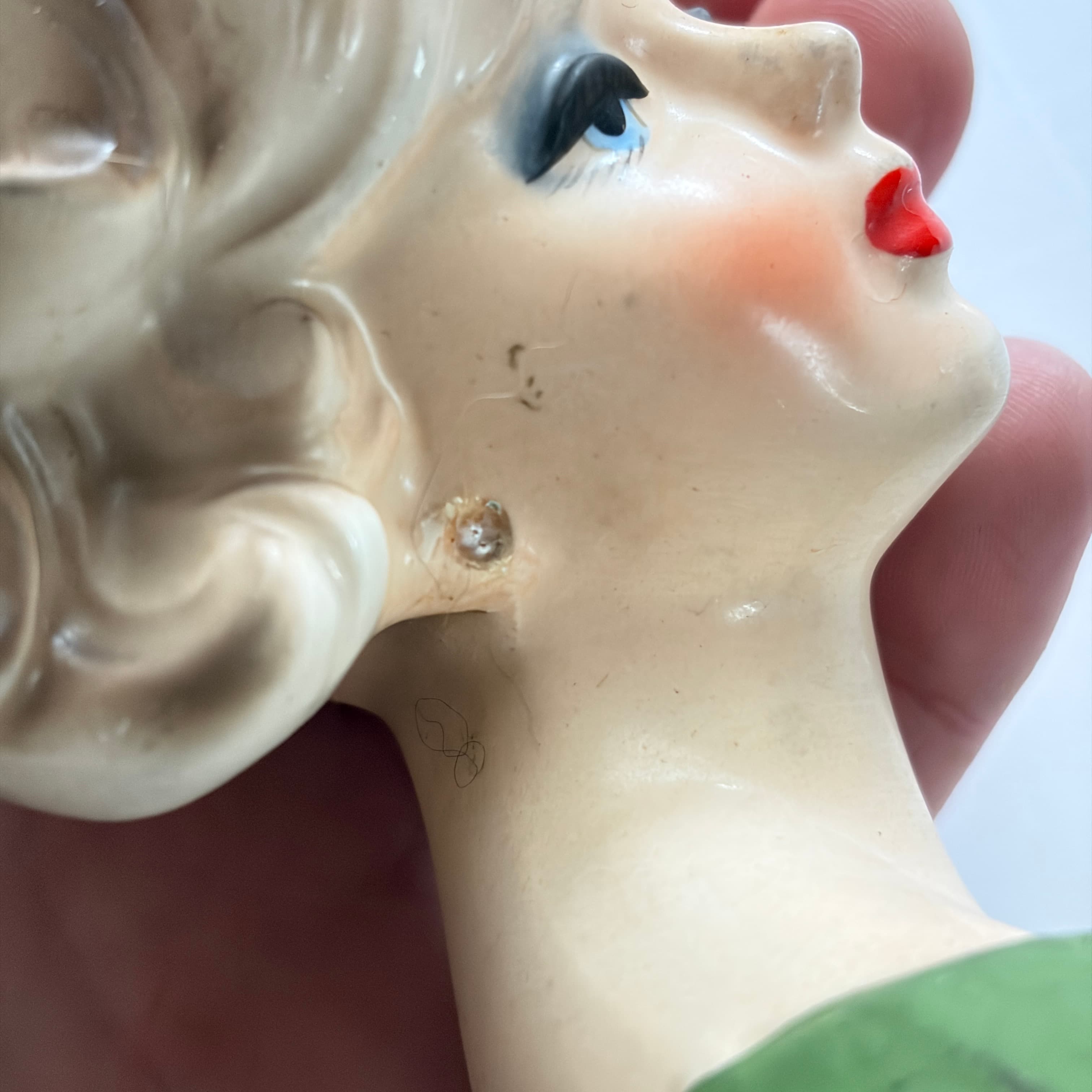 Vintage Lady Head Vase Planter with Green Dress and Floral Detail - Thumbnail 7