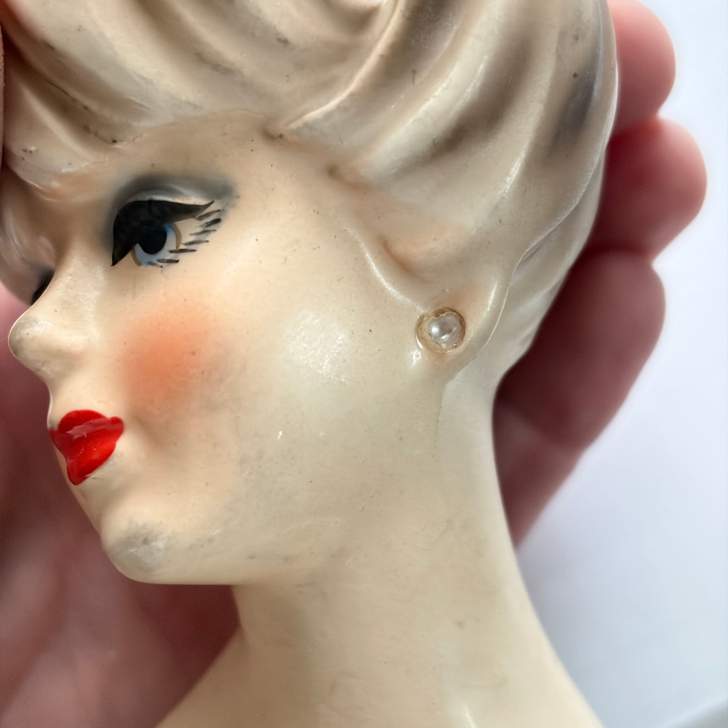 Vintage Lady Head Vase Planter with Green Dress and Floral Detail - Thumbnail 9