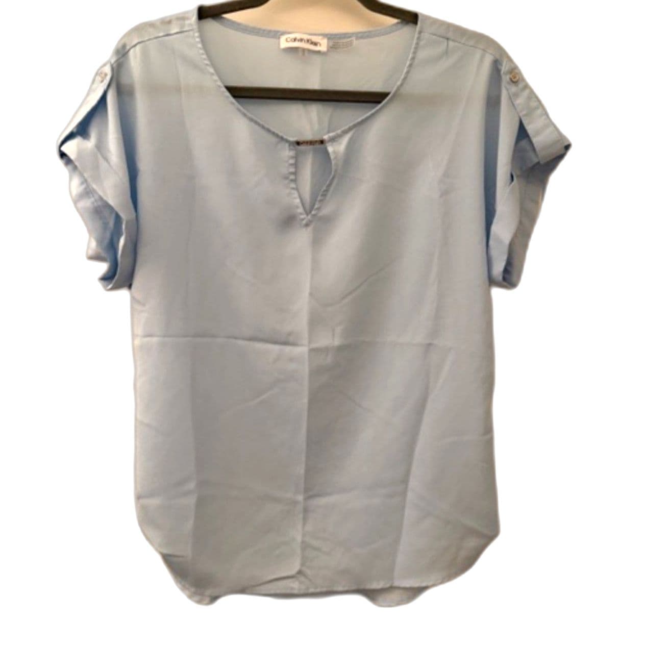 Calvin Klein Blouse Size M Light Blue Keyhole Short Sleeve Top Roll Tab Sleeve - Image 1