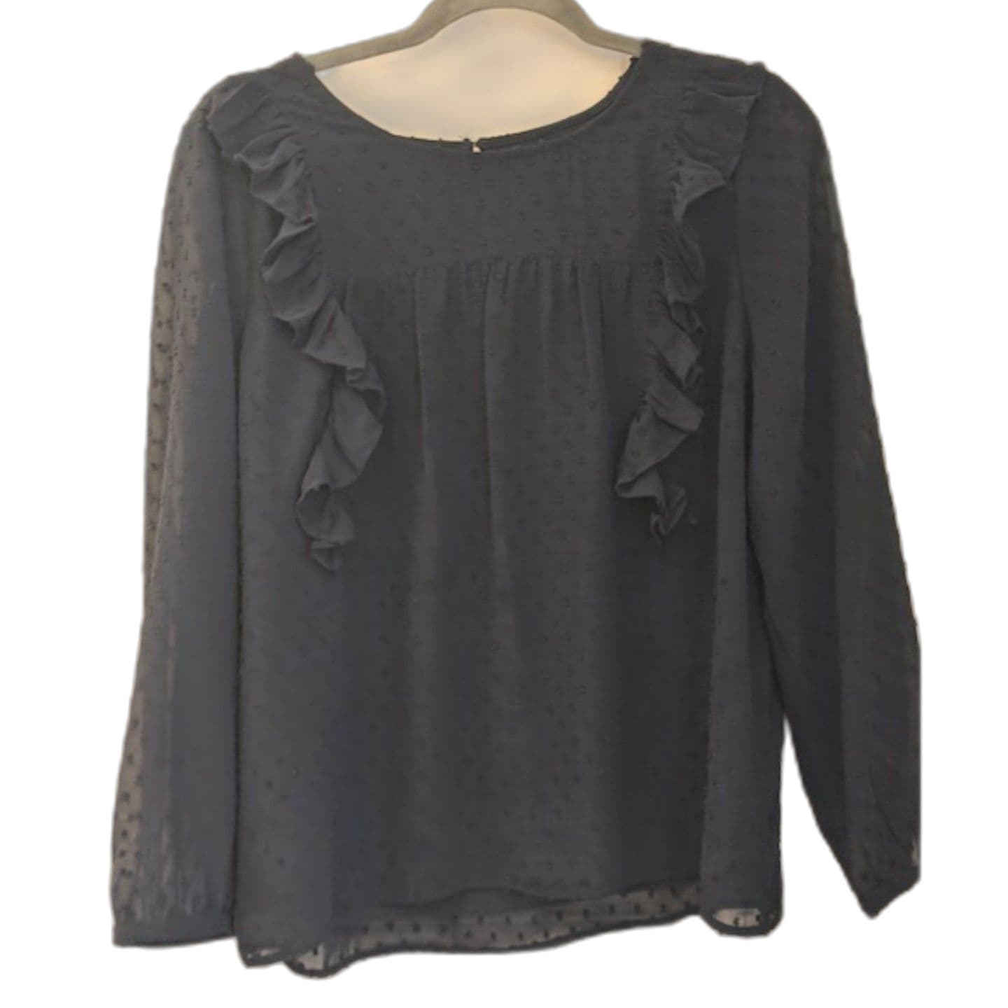 J.Crew Navy Blue Swiss Dot Ruffle Blouse Size 10 Sheer Long Sleeve Top - Image 1