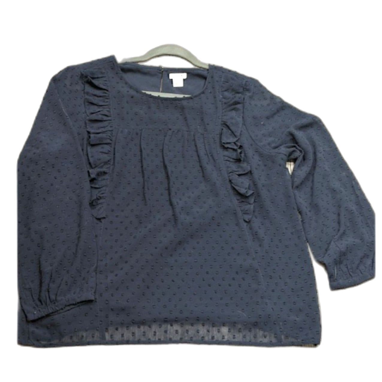 J.Crew Navy Blue Swiss Dot Ruffle Blouse Size 10 Sheer Long Sleeve Top - Thumbnail 7