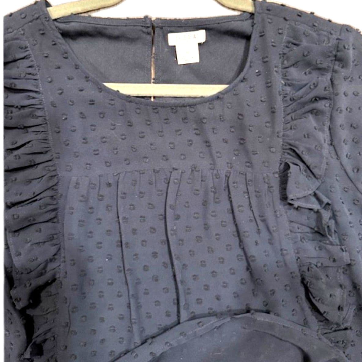J.Crew Navy Blue Swiss Dot Ruffle Blouse Size 10 Sheer Long Sleeve Top - Thumbnail 6