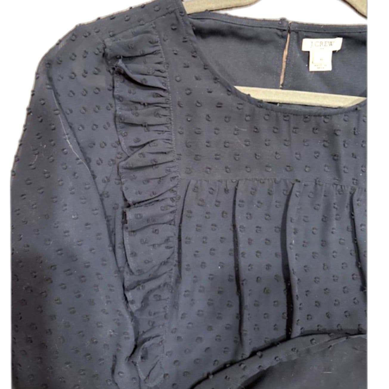 J.Crew Navy Blue Swiss Dot Ruffle Blouse Size 10 Sheer Long Sleeve Top - Thumbnail 5