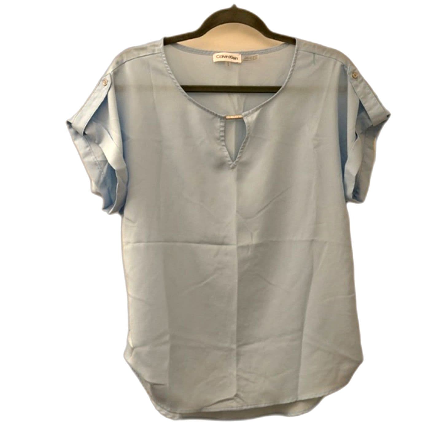 Calvin Klein Blouse Size M Light Blue Keyhole Short Sleeve Top Roll Tab Sleeve - Thumbnail 3