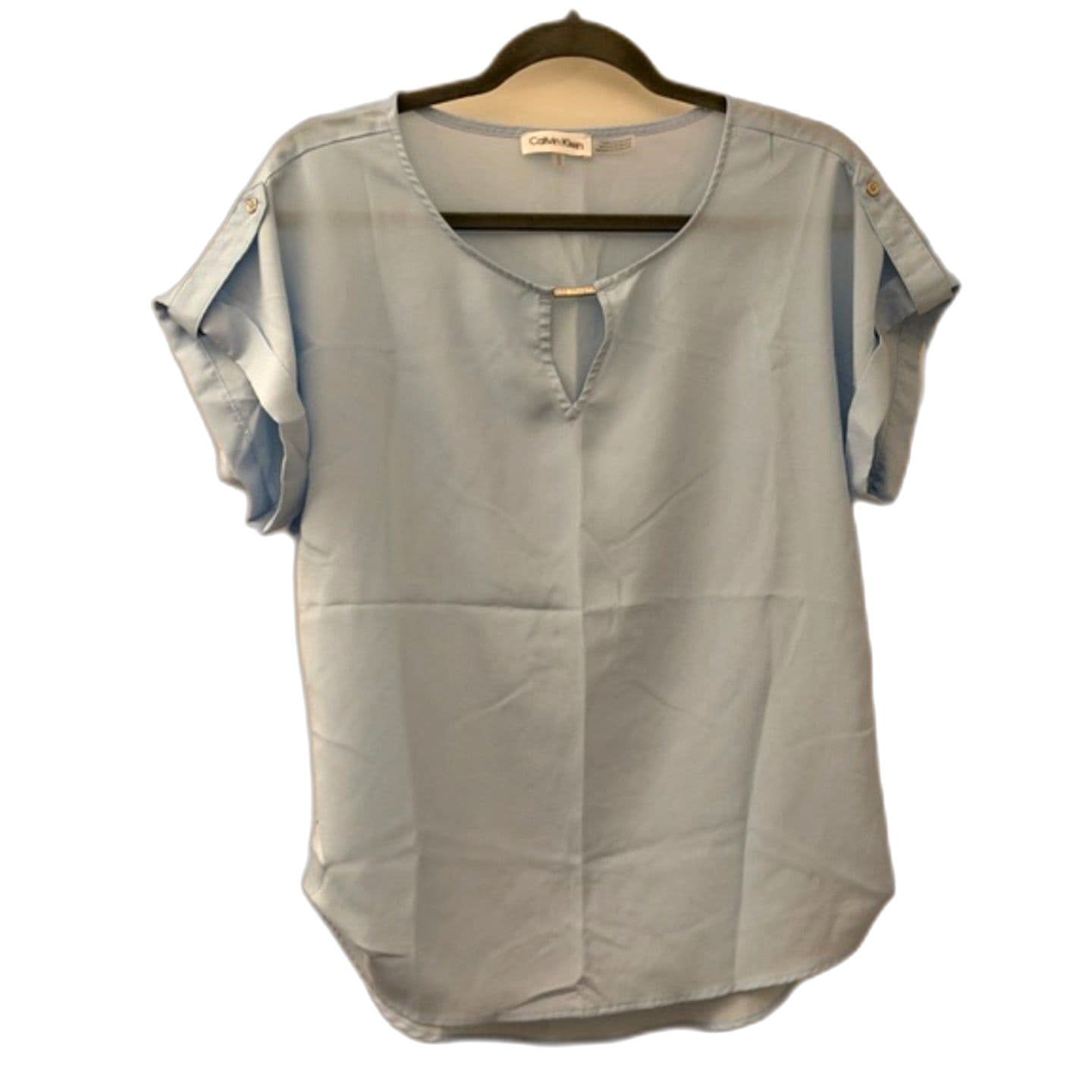 Calvin Klein Blouse Size M Light Blue Keyhole Short Sleeve Top Roll Tab Sleeve - Thumbnail 4