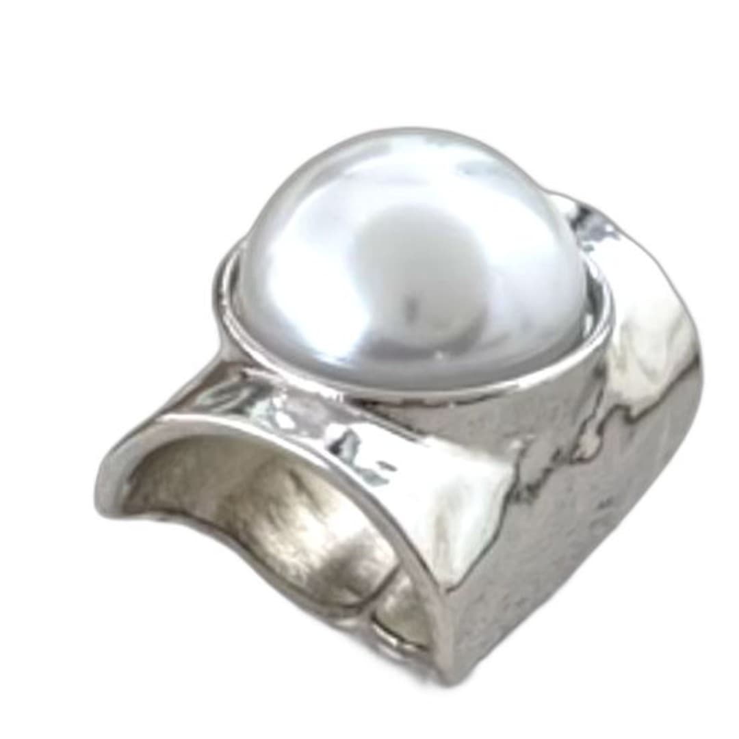 Statement Pearl Ring Silver Tone Open Band Adjustable Imitation Pearl Modern New - Thumbnail 7