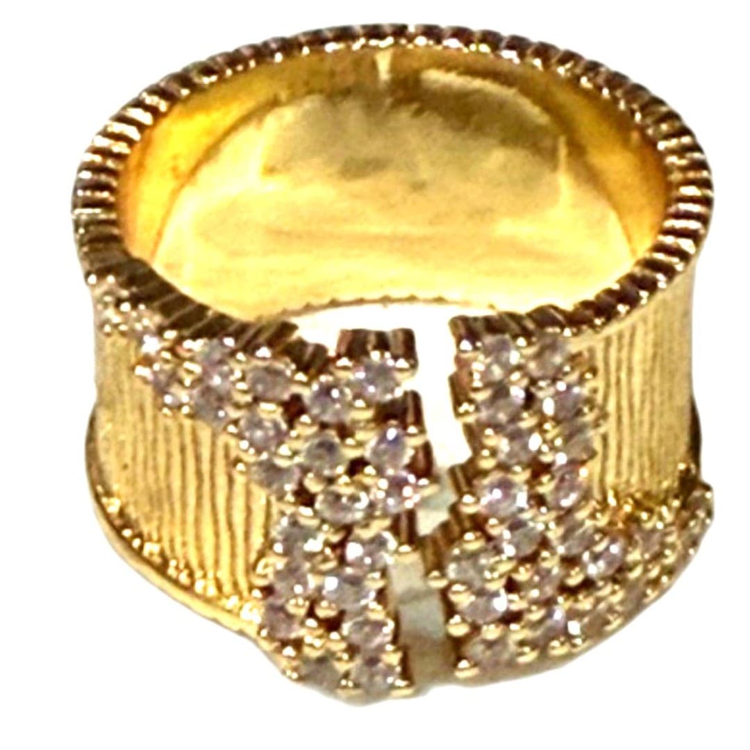 Gold Plated CZ Statement Ring Size 7 Chunky Wide Band Sparkly - Thumbnail 2