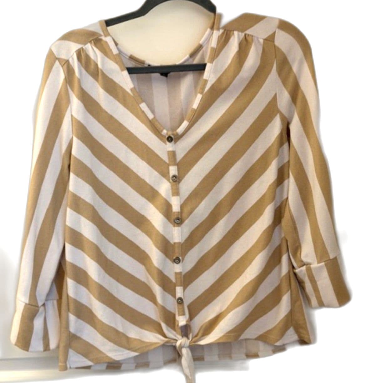 Adrienne Vittadini Striped Blouse Tie Front Button Top Casual Size L - Image 1
