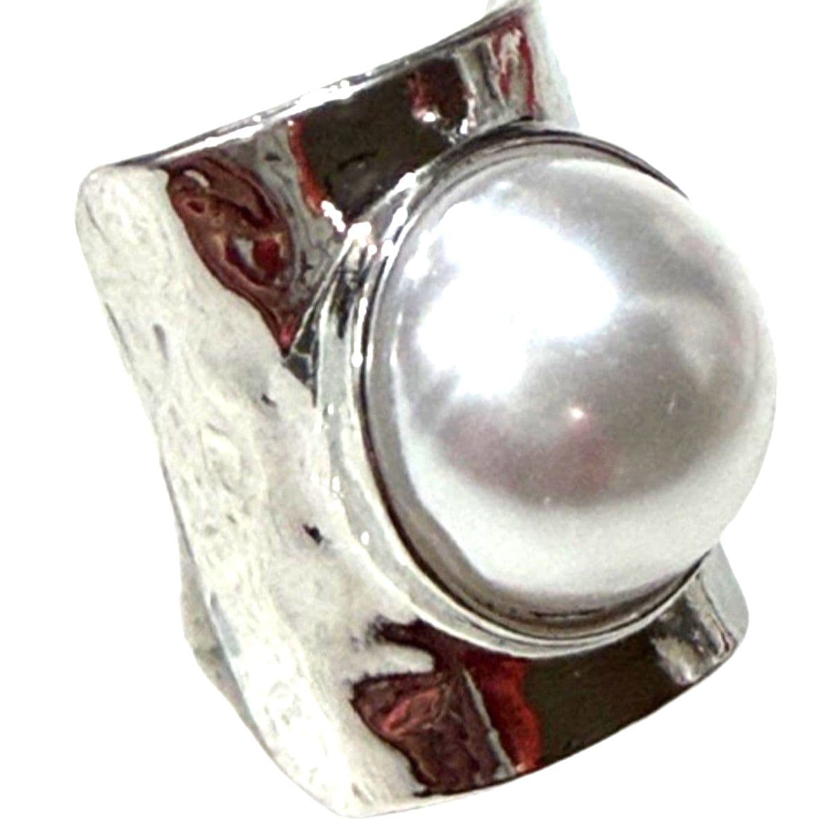Statement Pearl Ring Silver Tone Open Band Adjustable Imitation Pearl Modern New - Thumbnail 2