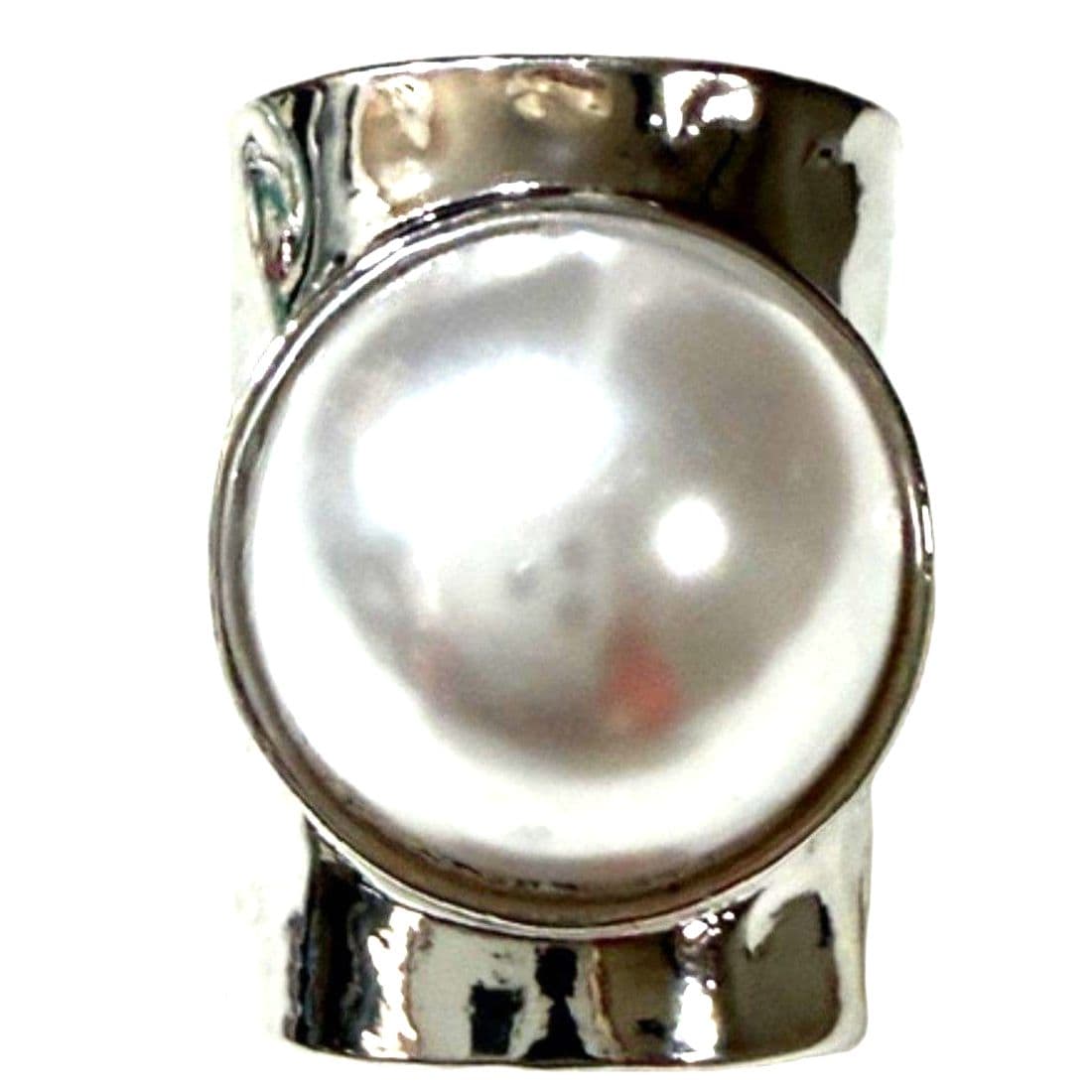 Statement Pearl Ring Silver Tone Open Band Adjustable Imitation Pearl Modern New - Thumbnail 4