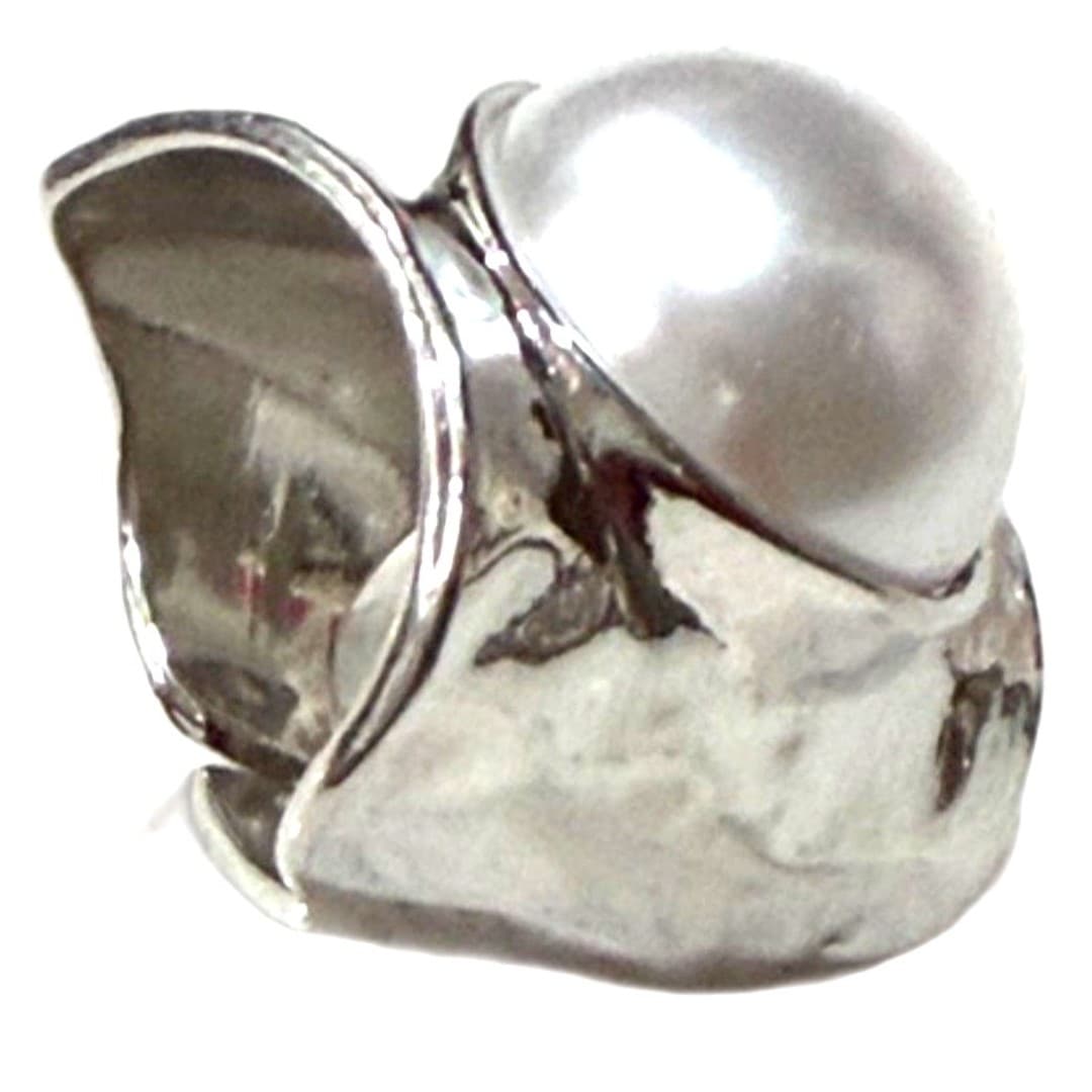 Statement Pearl Ring Silver Tone Open Band Adjustable Imitation Pearl Modern New - Thumbnail 3