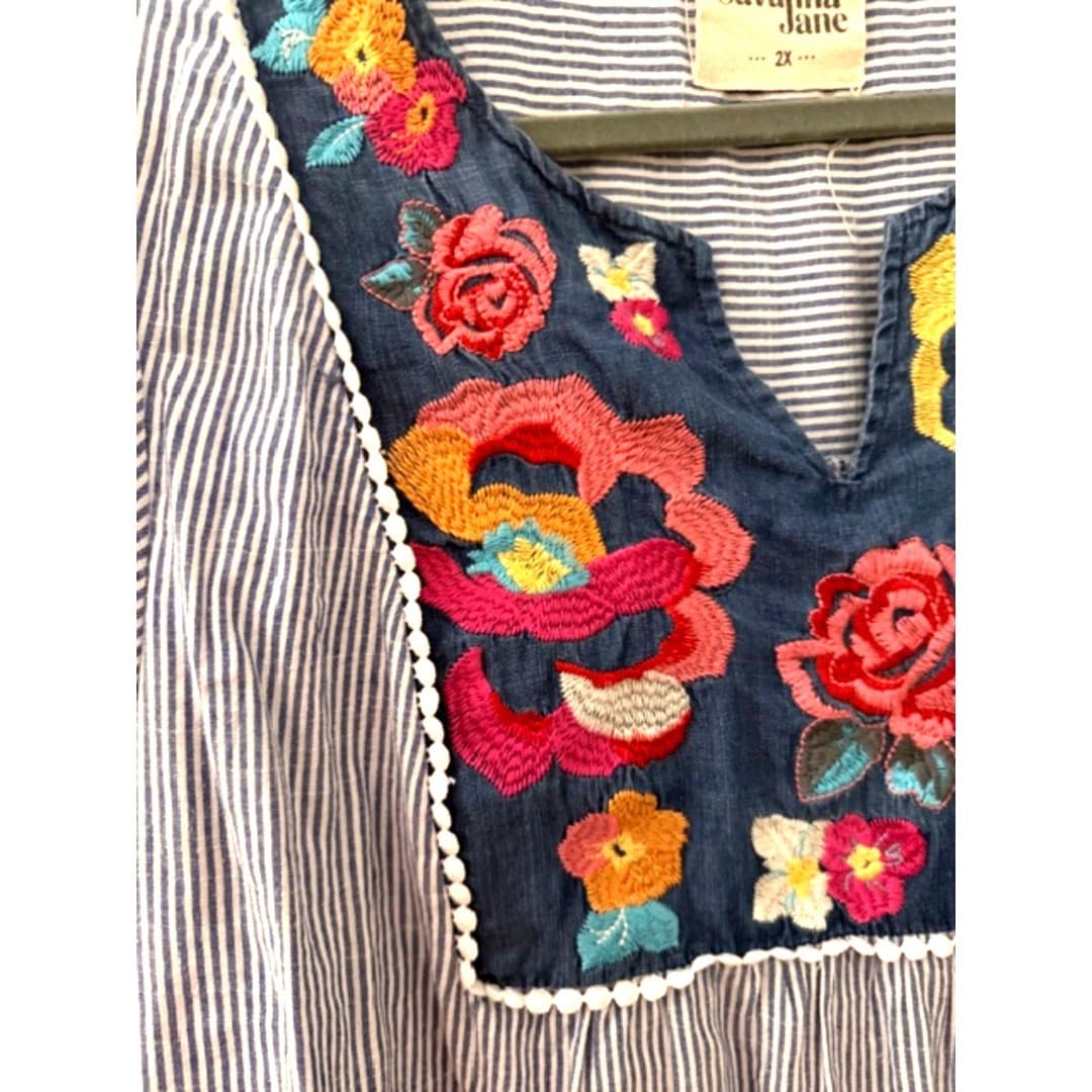 Savanna Jane Embroidered Boho Blouse Women’s 2X Floral Top Stripe Tunic - Thumbnail 3