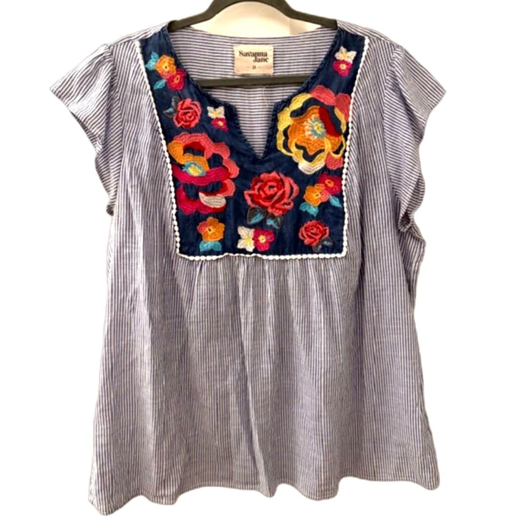 Savanna Jane Embroidered Boho Blouse Women’s 2X Floral Top Stripe Tunic - Image 1