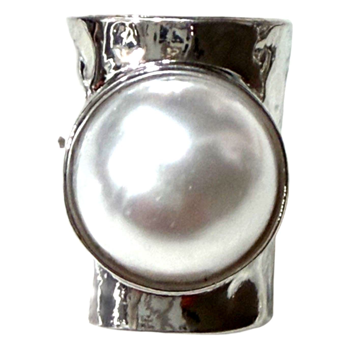 Statement Pearl Ring Silver Tone Open Band Adjustable Imitation Pearl Modern New - Image 1