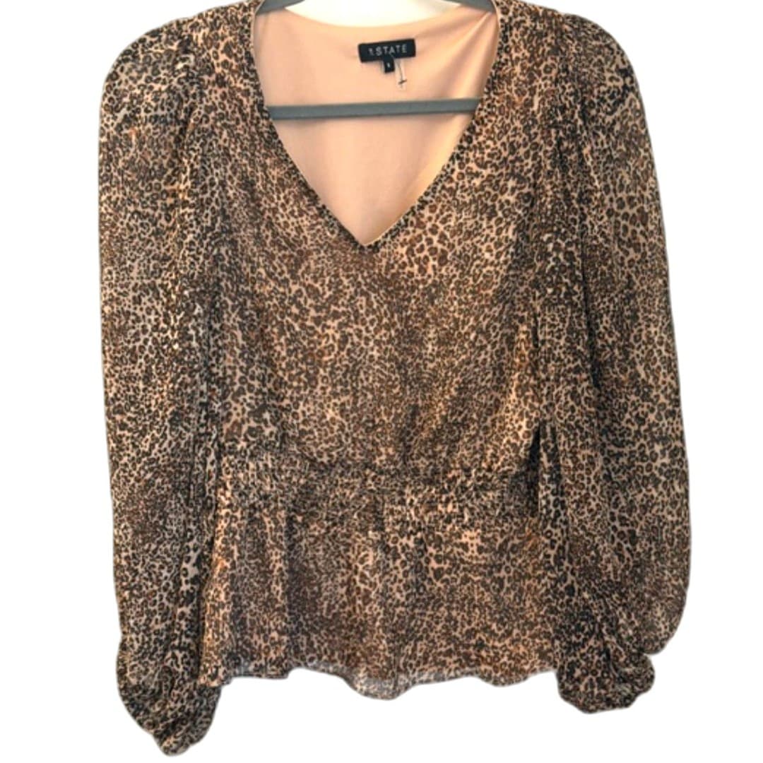 STATE Leopard Print Peplum Blouse Size Small Sheer Long Sleeve V Neck - Thumbnail 4
