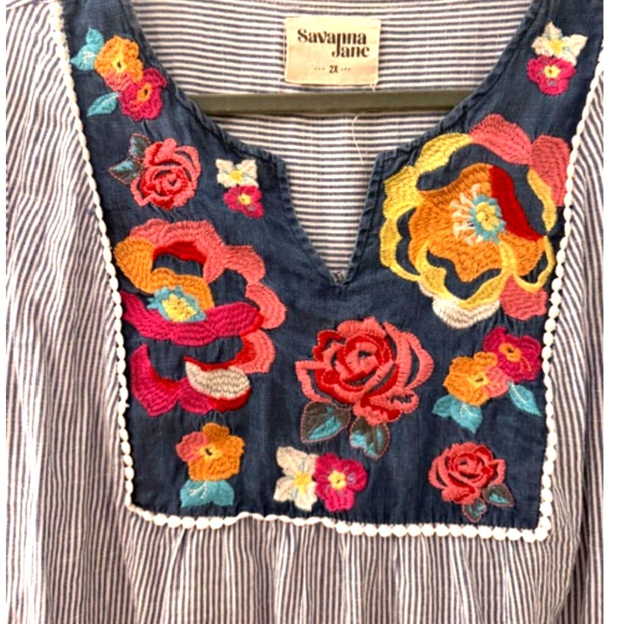 Savanna Jane Embroidered Boho Blouse Women’s 2X Floral Top Stripe Tunic - Thumbnail 6