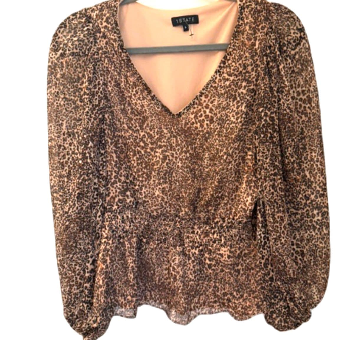 STATE Leopard Print Peplum Blouse Size Small Sheer Long Sleeve V Neck - Image 1