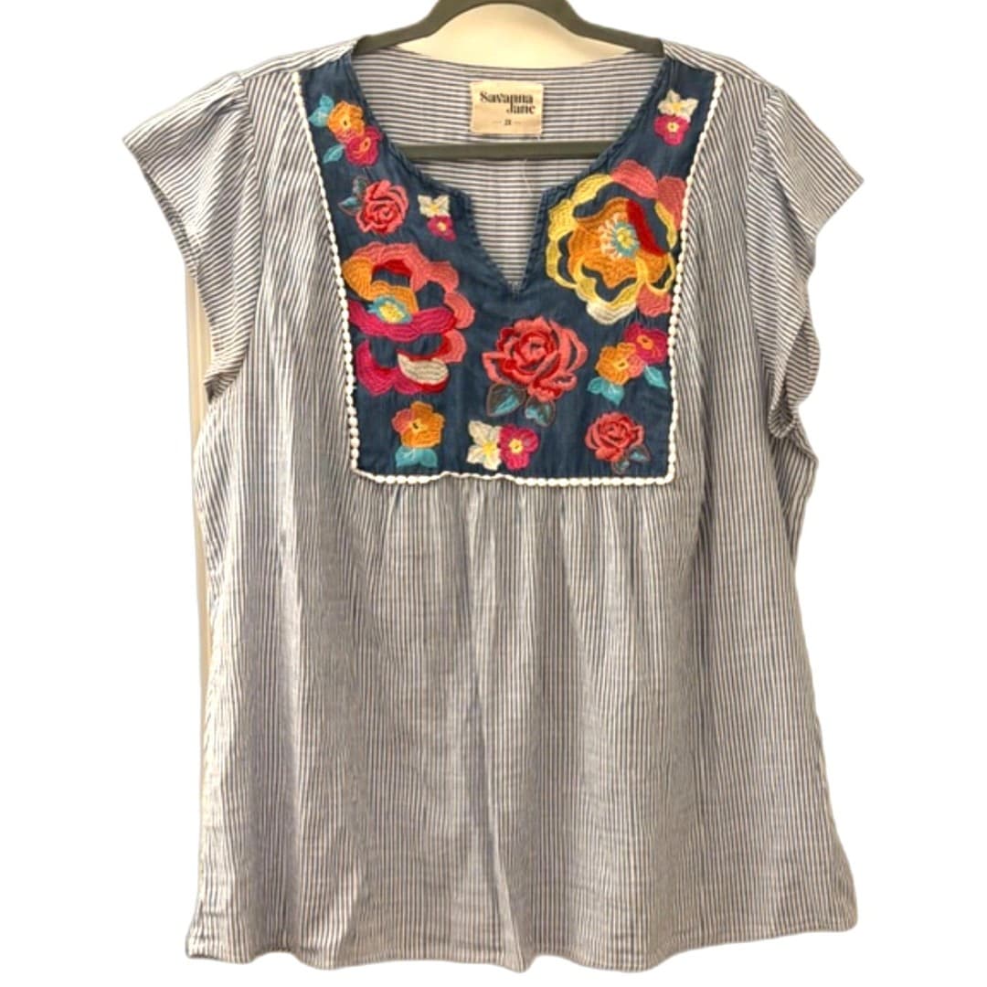 Savanna Jane Embroidered Boho Blouse Women’s 2X Floral Top Stripe Tunic - Thumbnail 2