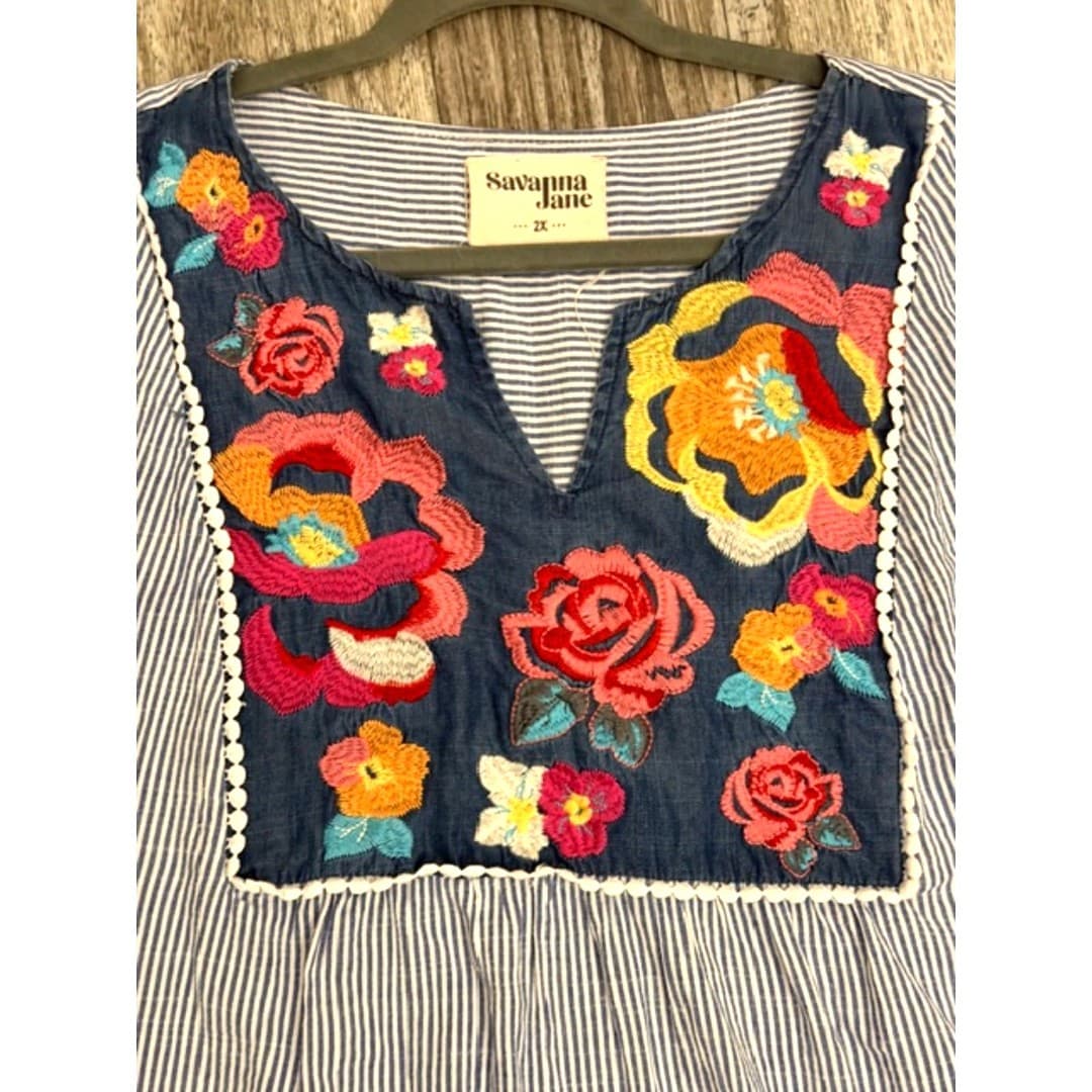 Savanna Jane Embroidered Boho Blouse Women’s 2X Floral Top Stripe Tunic - Thumbnail 9