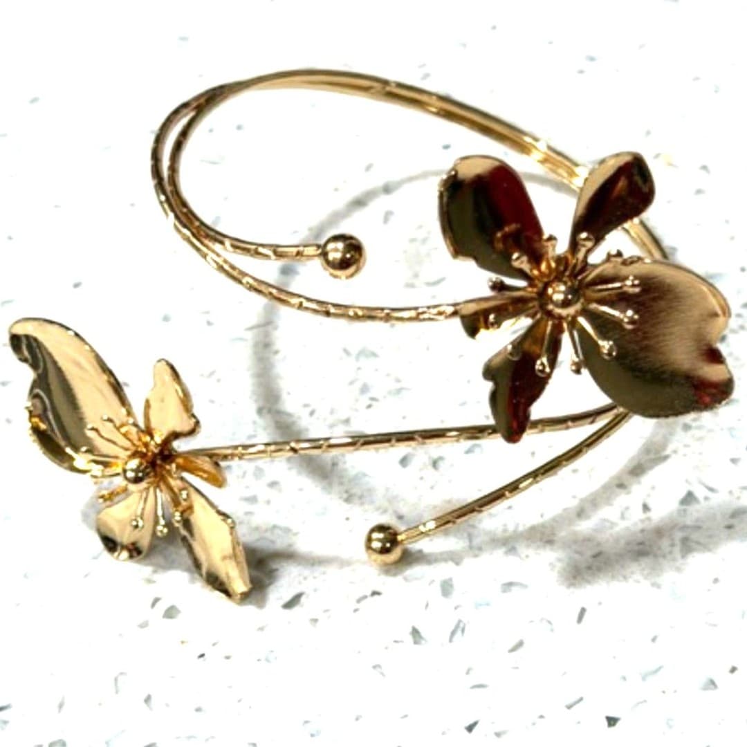 Floral Arm Cuff Bracelet Gold Tone With Flowers Upper Arm Jewelry Boho - Thumbnail 6