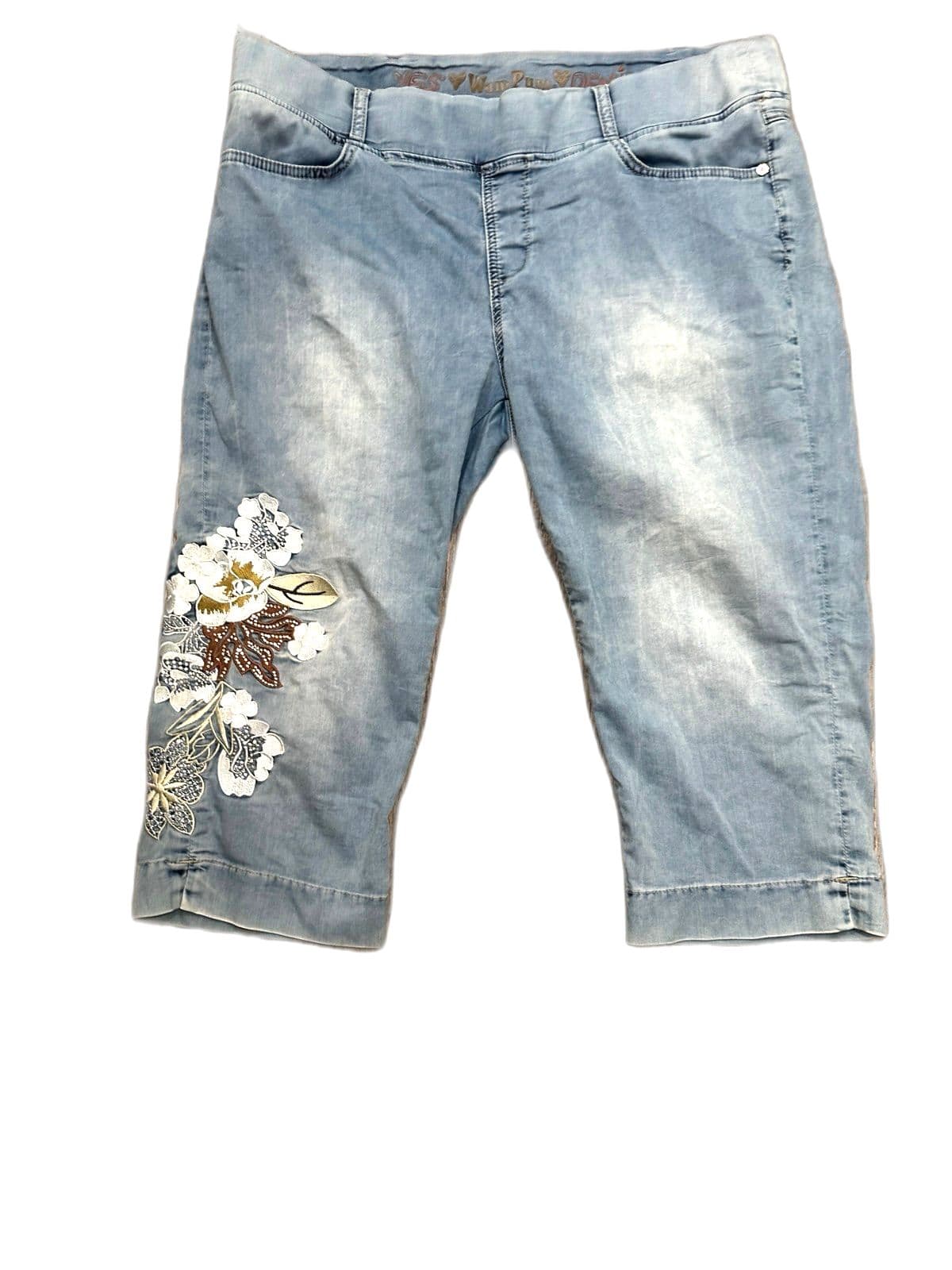 Capri jeans with embroidery, elastic waistband - Thumbnail 2