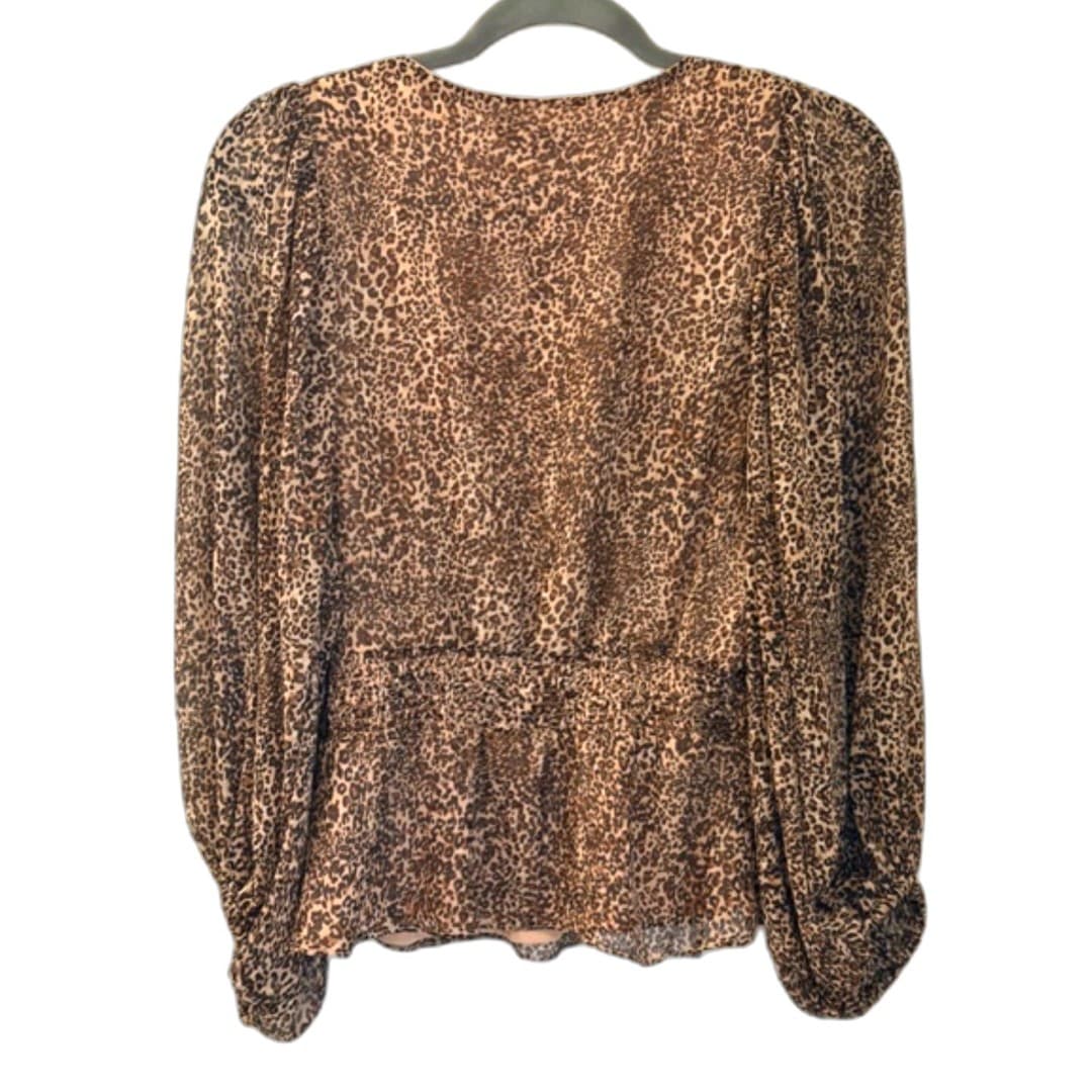 STATE Leopard Print Peplum Blouse Size Small Sheer Long Sleeve V Neck - Thumbnail 2