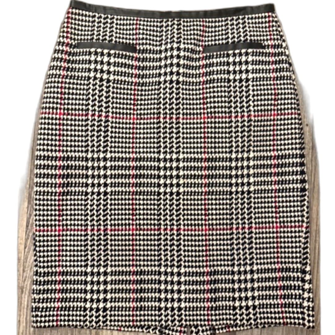 Talbots Houndstooth Plaid Skirt Faux Leather Trim Classic Career Skirt Size 4 - Thumbnail 2