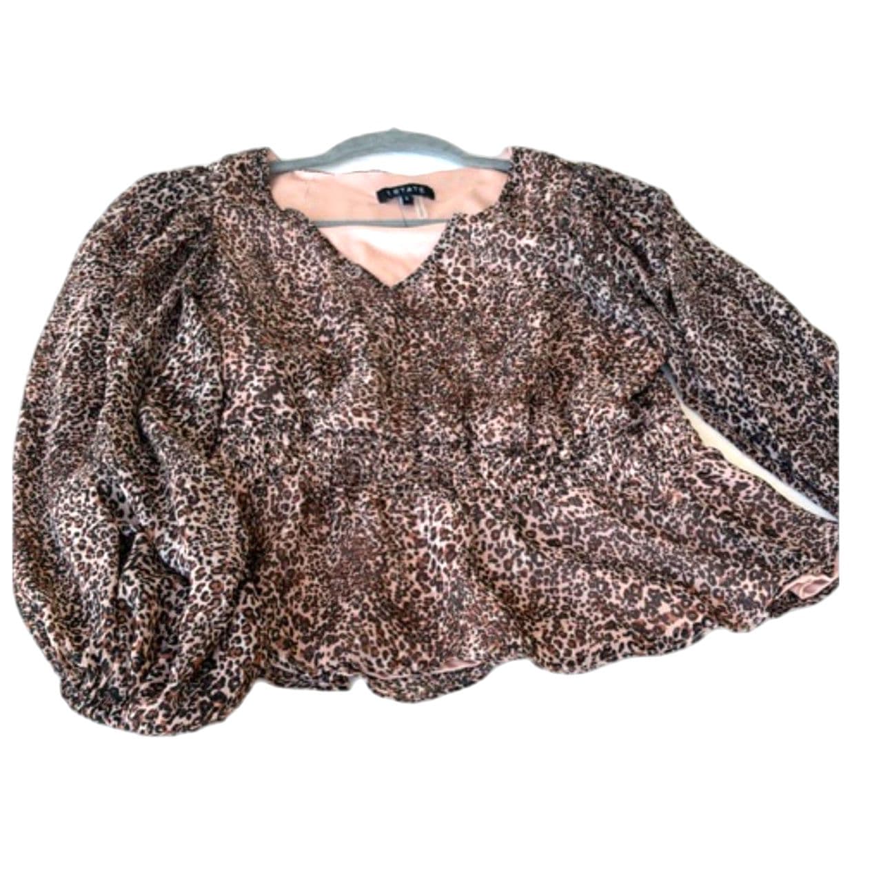 STATE Leopard Print Peplum Blouse Size Small Sheer Long Sleeve V Neck - Thumbnail 7