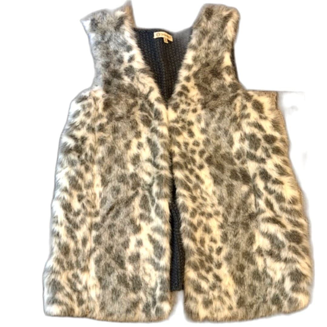 Democracy Faux Fur Vest Leopard Print Knit Back Cozy Layer Size M - Image 1