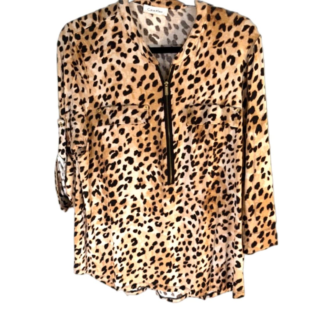 Calvin Klein Leopard Print Zip Front Blouse Top Brown Black Size XL - Thumbnail 2