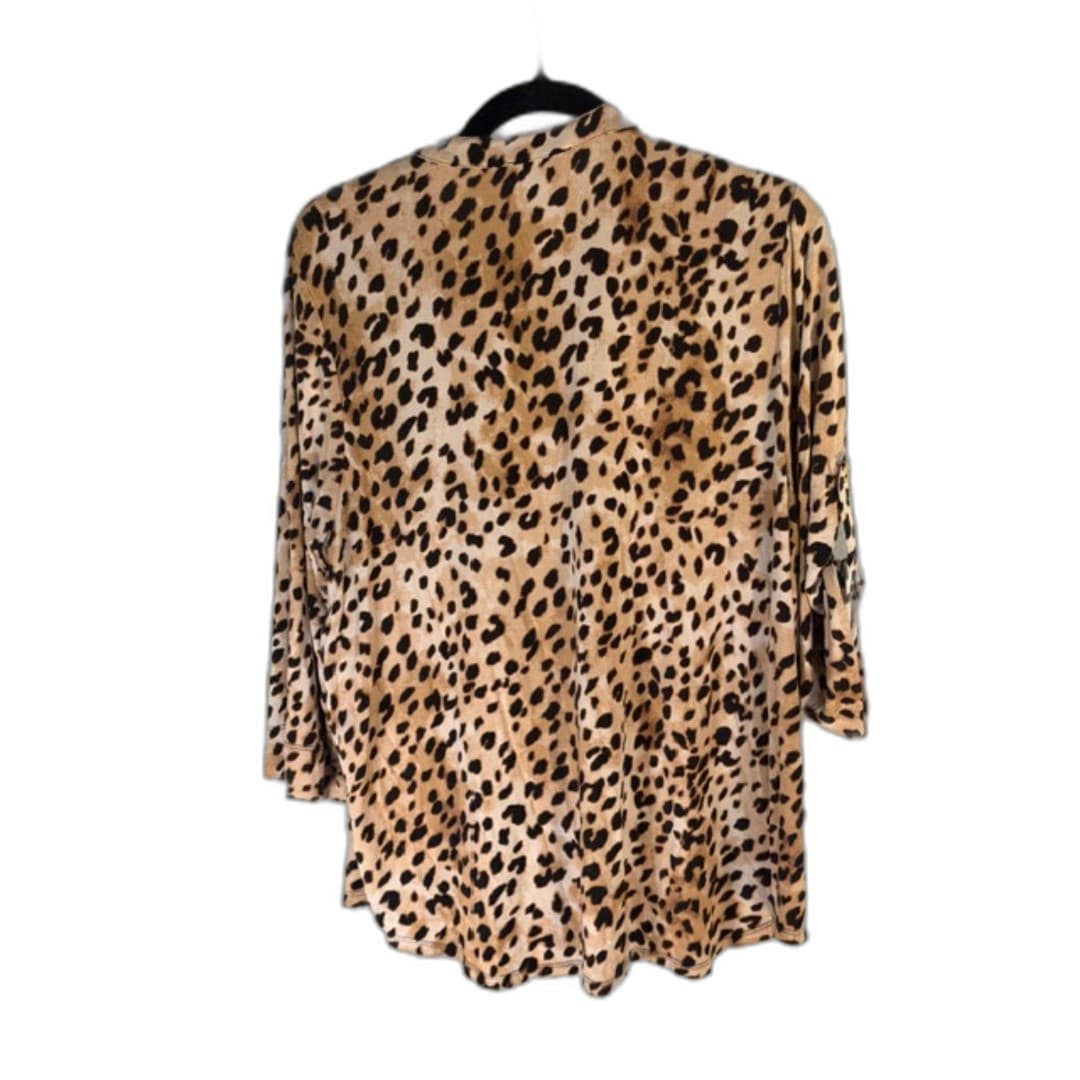 Calvin Klein Leopard Print Zip Front Blouse Top Brown Black Size XL - Thumbnail 3
