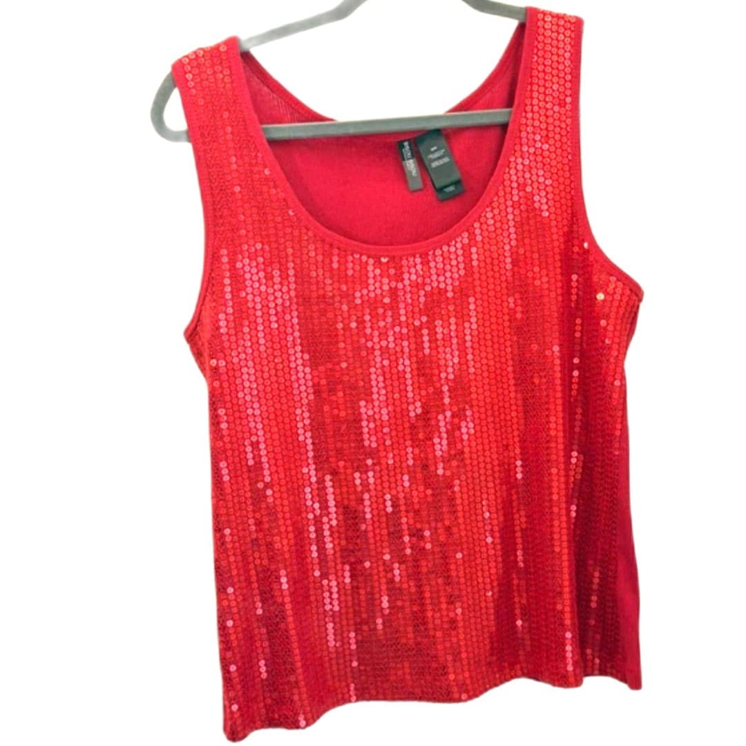 Bisou Bisou Red Sequin Tank Top Sleeveless Party Holiday Size M - Image 1