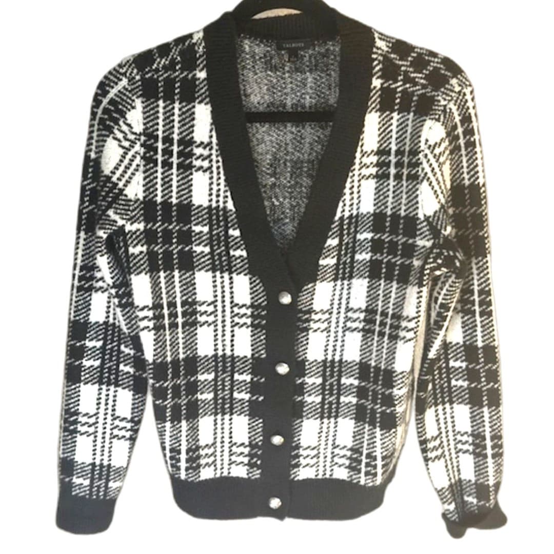 Talbots Plaid Cardigan Black White Button Front Classic Preppy Size S - Image 1