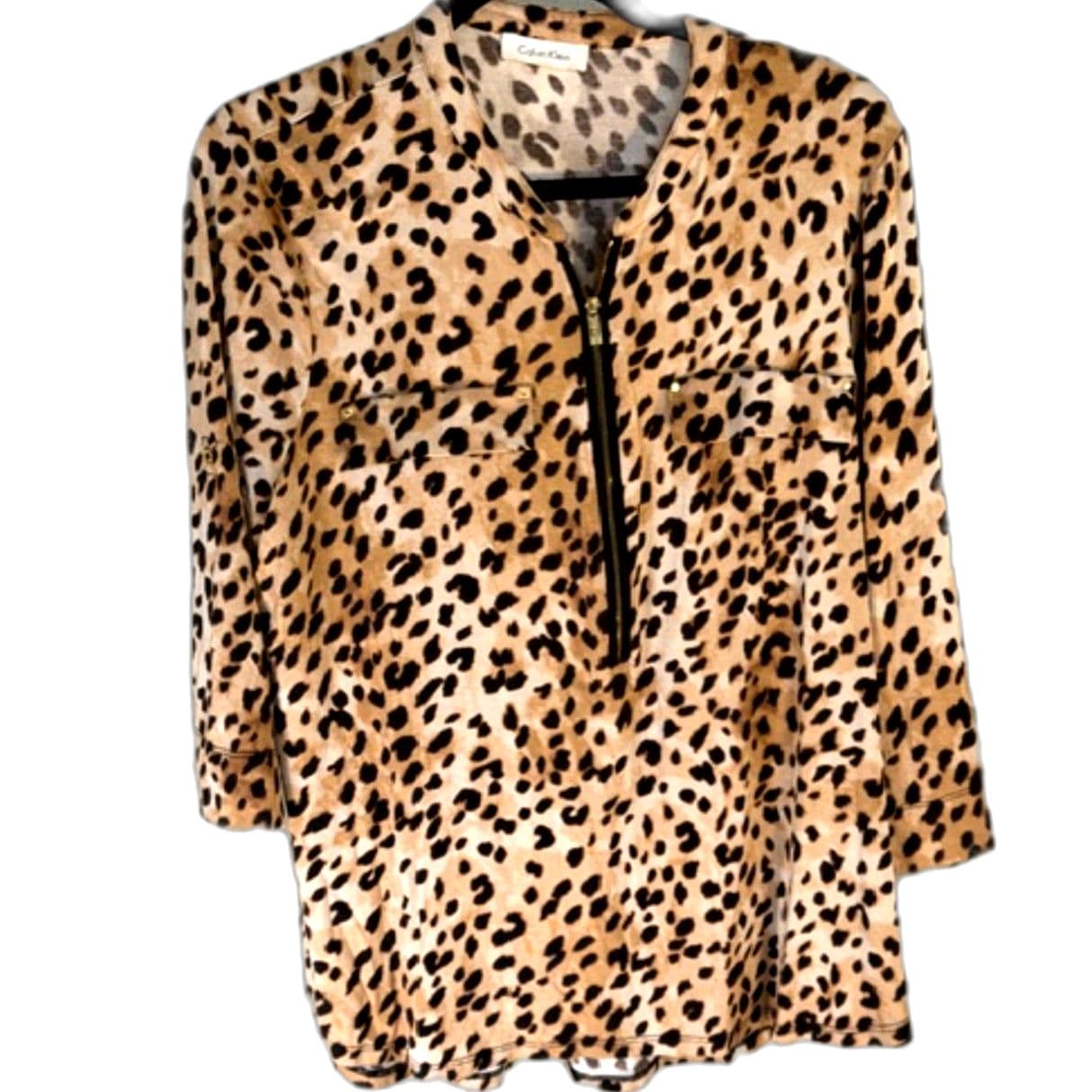 Calvin Klein Leopard Print Zip Front Blouse Top Brown Black Size XL - Image 1