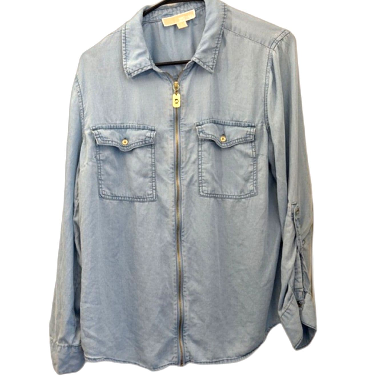 Michael Kors Chambray Zip Up Shirt Light Wash Denim Top Size L - Image 1
