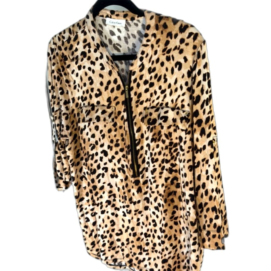 Calvin Klein Leopard Print Zip Front Blouse Top Brown Black Size XL - Thumbnail 7