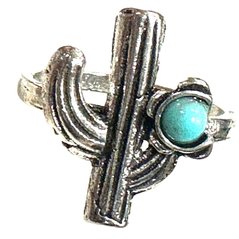 Silver Color Ring with Turquoise Accent and Cactus - Image 1