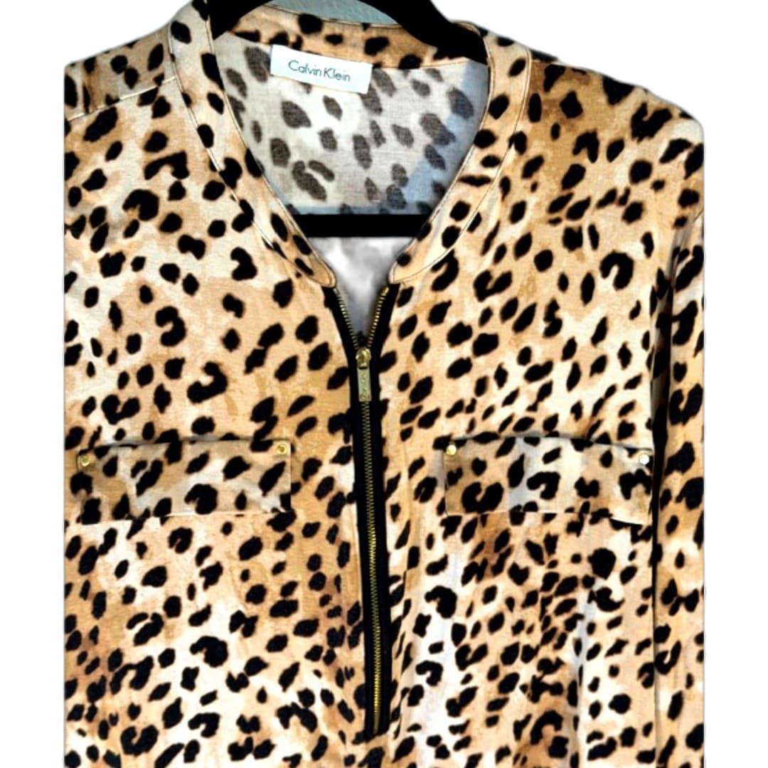 Calvin Klein Leopard Print Zip Front Blouse Top Brown Black Size XL - Thumbnail 10